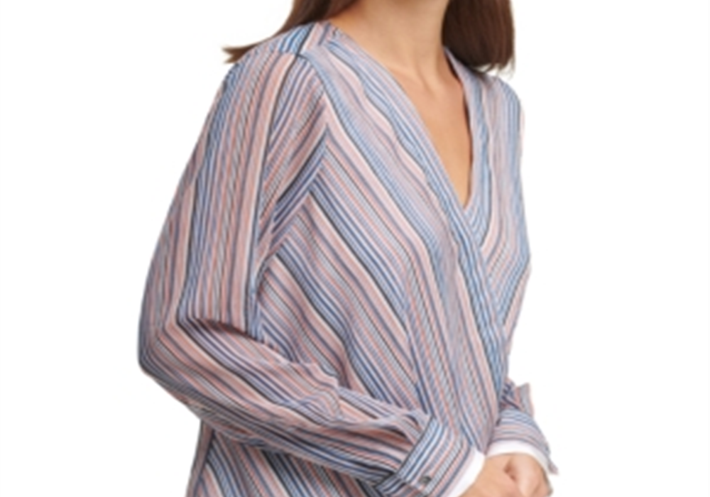 Blusa DKNY Listrada Faux-Wrap Marfim Nova Azul Marinho Tamanho G