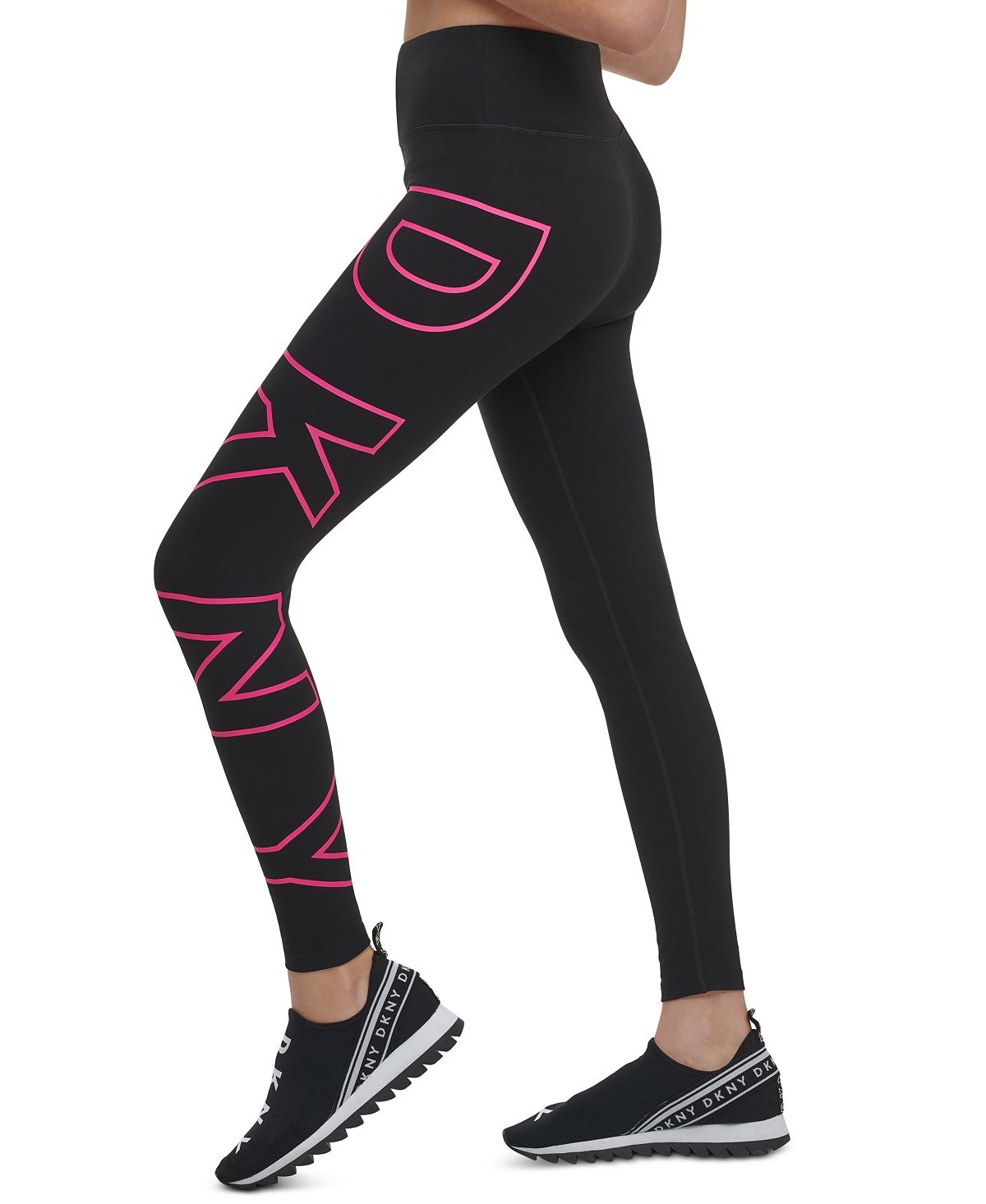 Leggings femininas DKNY com logo grande e cintura alta, pretas, tamanho P
