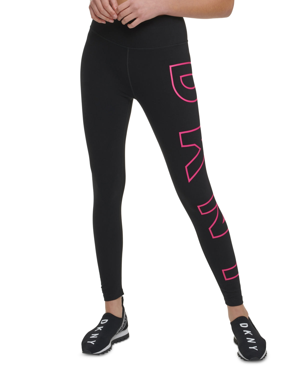 Leggings femininas DKNY com logo grande e cintura alta, pretas, tamanho P