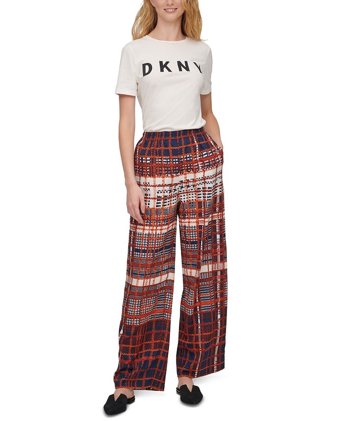Calça feminina xadrez DKNY, perna larga, marrom, tamanho pequeno