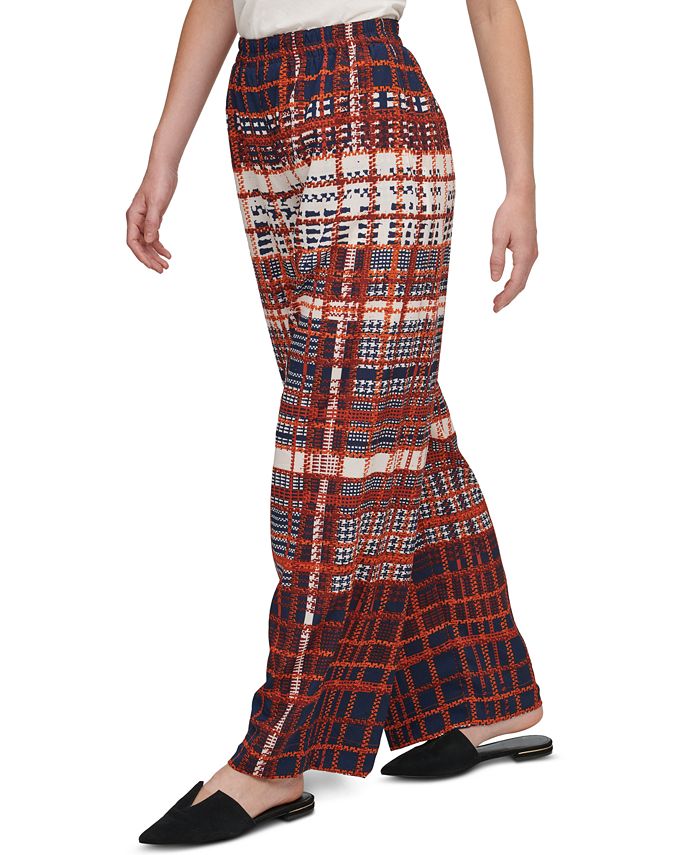 Calça feminina xadrez DKNY, perna larga, marrom, tamanho pequeno