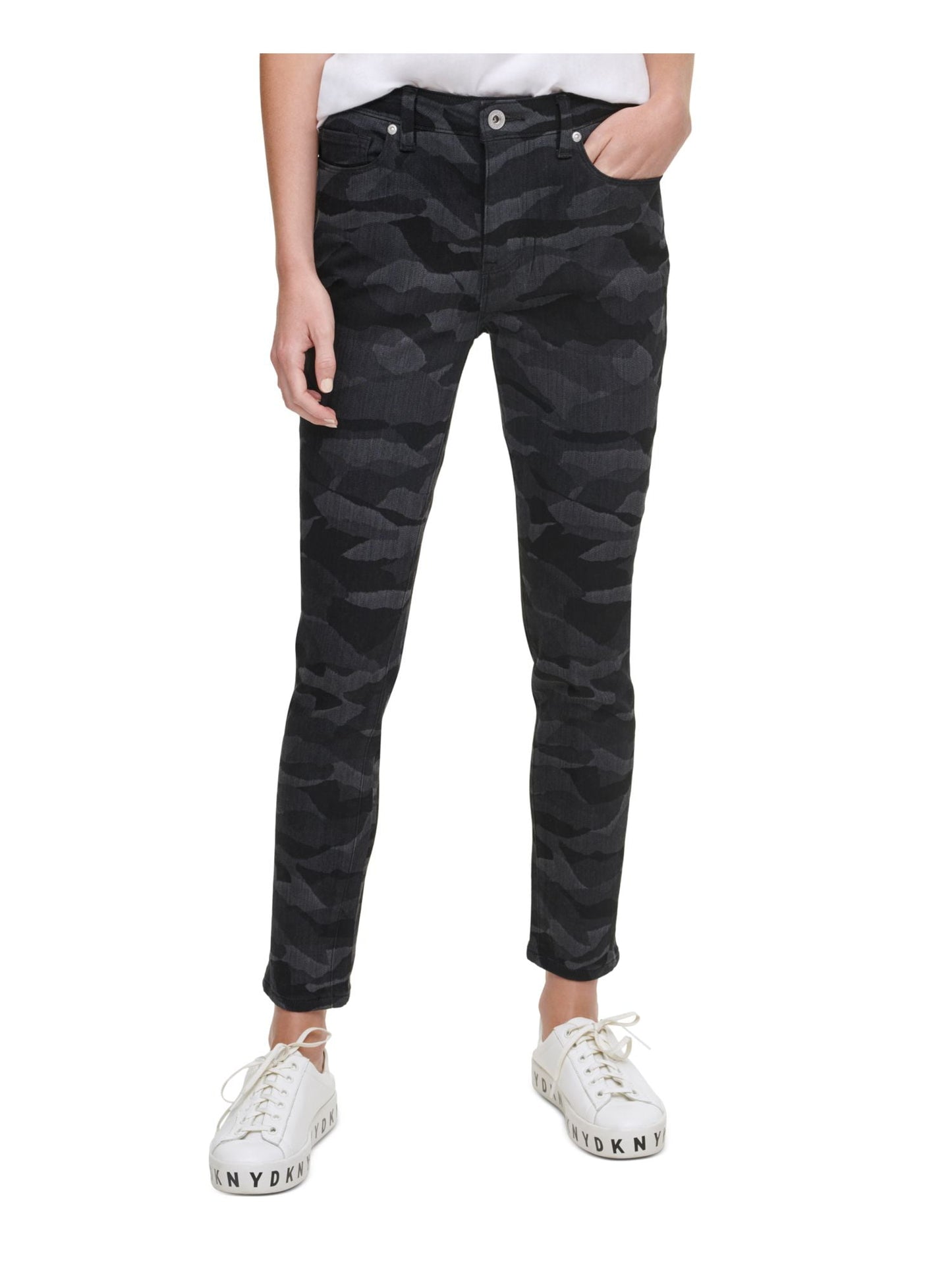 Calça skinny camuflada feminina DKNY, preta, tamanho 27