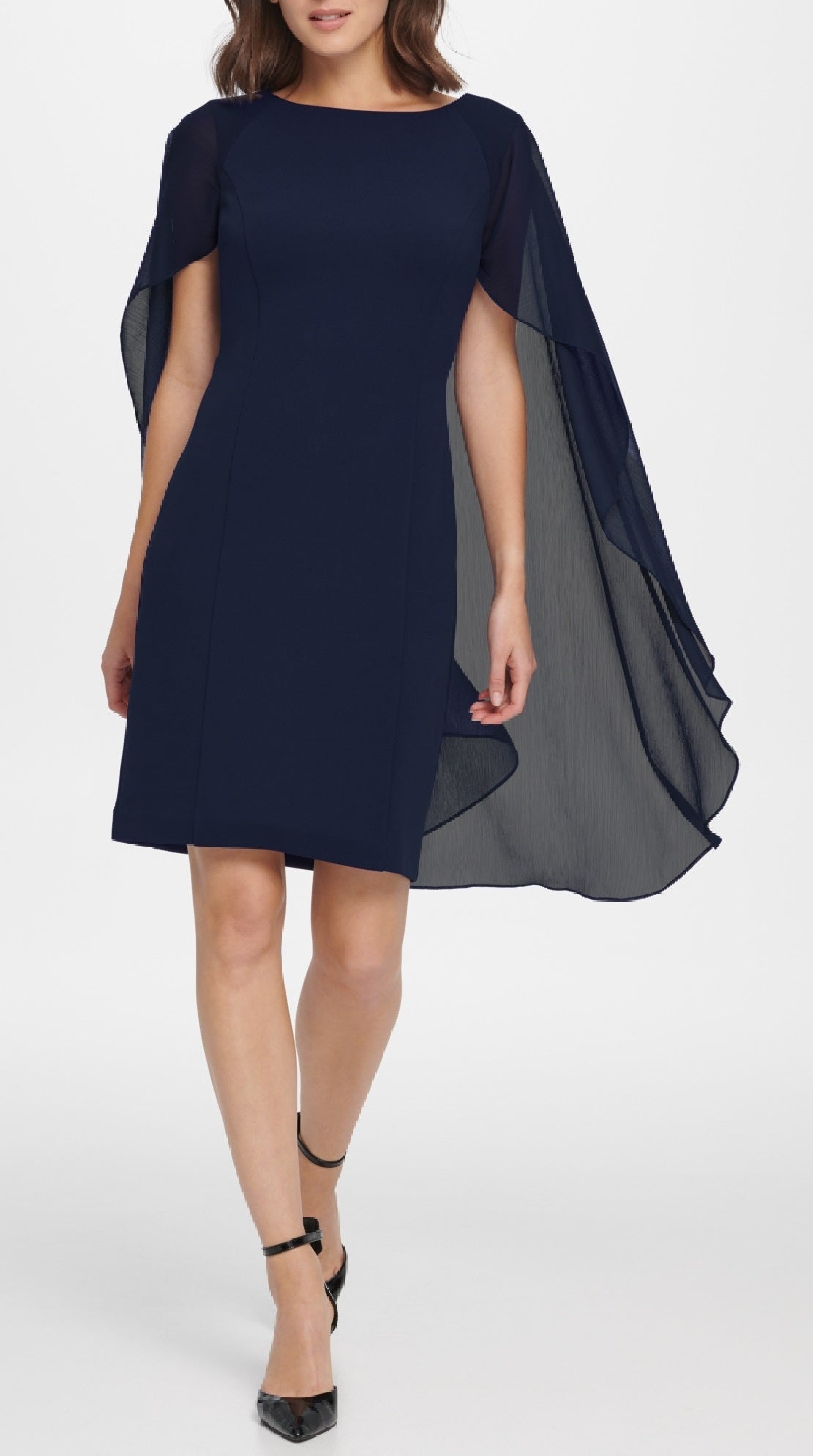 Vestido tubinho feminino DKNY com mangas divididas em chiffon, azul, tamanho 6