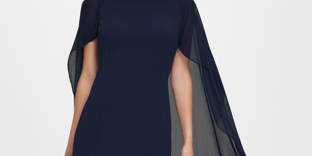 Vestido tubinho feminino DKNY com mangas divididas em chiffon, azul, tamanho 6
