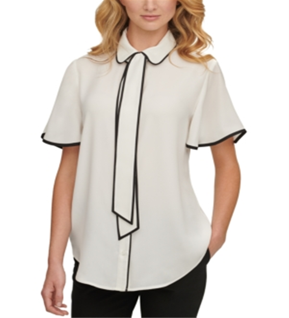 Blusa feminina DKNY com decote em V e mangas bufantes, branca, tamanho XX-G