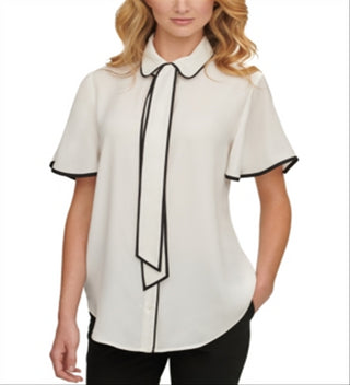 Blusa feminina DKNY com decote em V e mangas bufantes, branca, tamanho XX-G