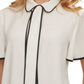 Blusa feminina DKNY com decote em V e mangas bufantes, branca, tamanho XX-G