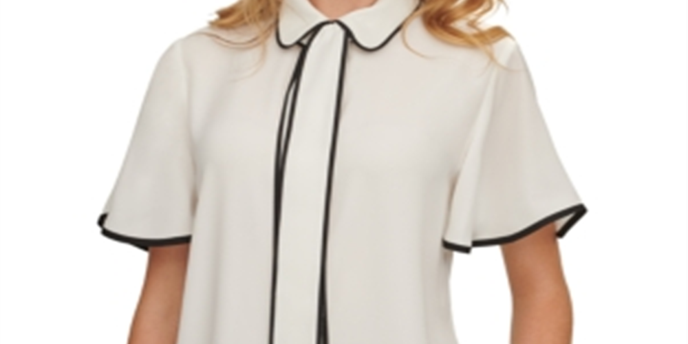 Blusa feminina DKNY com decote em V e mangas bufantes, branca, tamanho XX-G