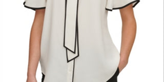 Blusa feminina DKNY com decote em V e mangas bufantes, branca, tamanho XX-G