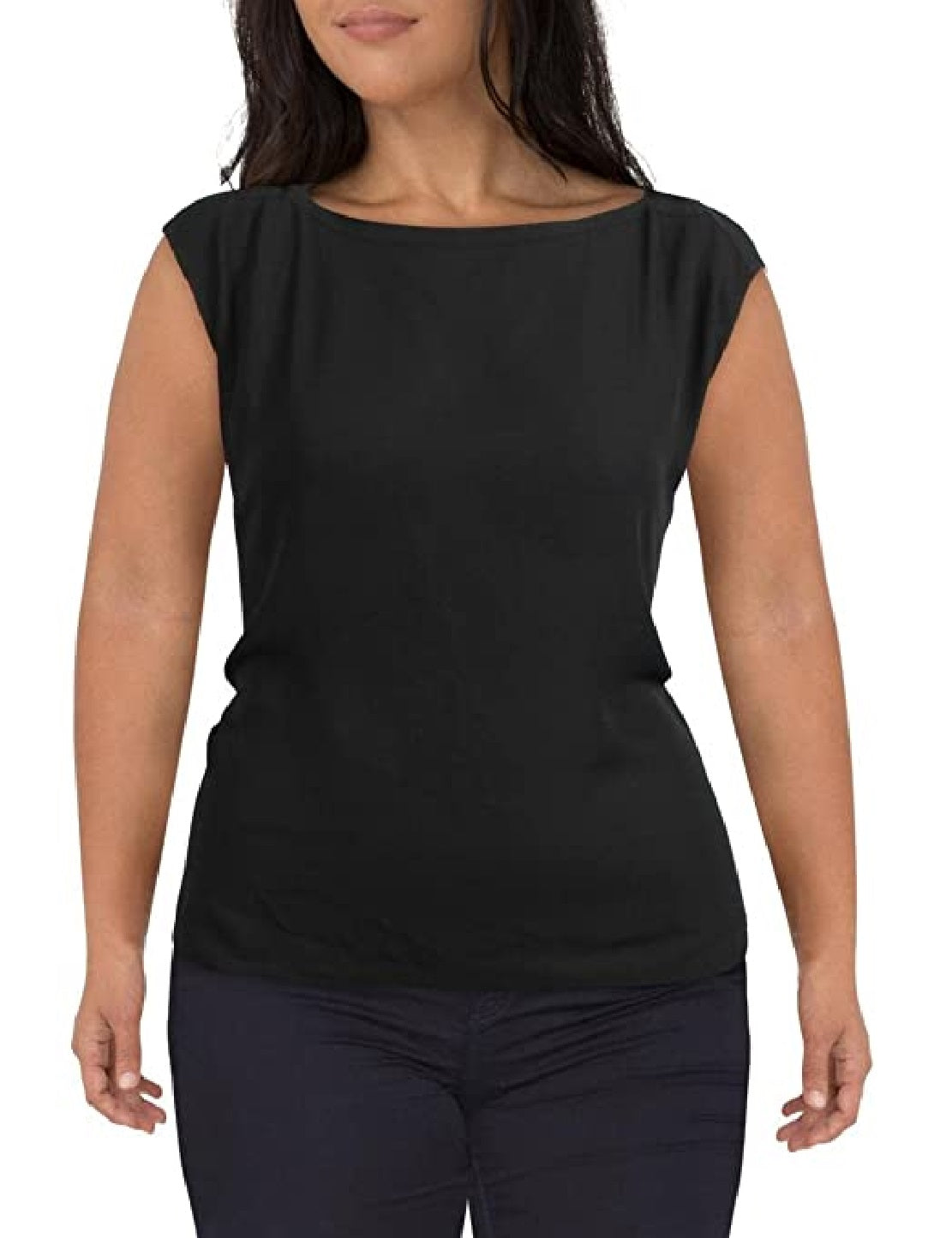 Blusa feminina DKNY com decote canoa e manga curta, preta, tamanho médio