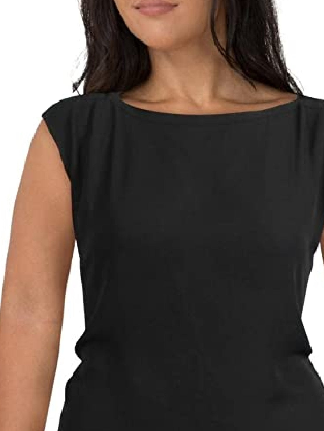Blusa feminina DKNY com decote canoa e manga curta, preta, tamanho médio