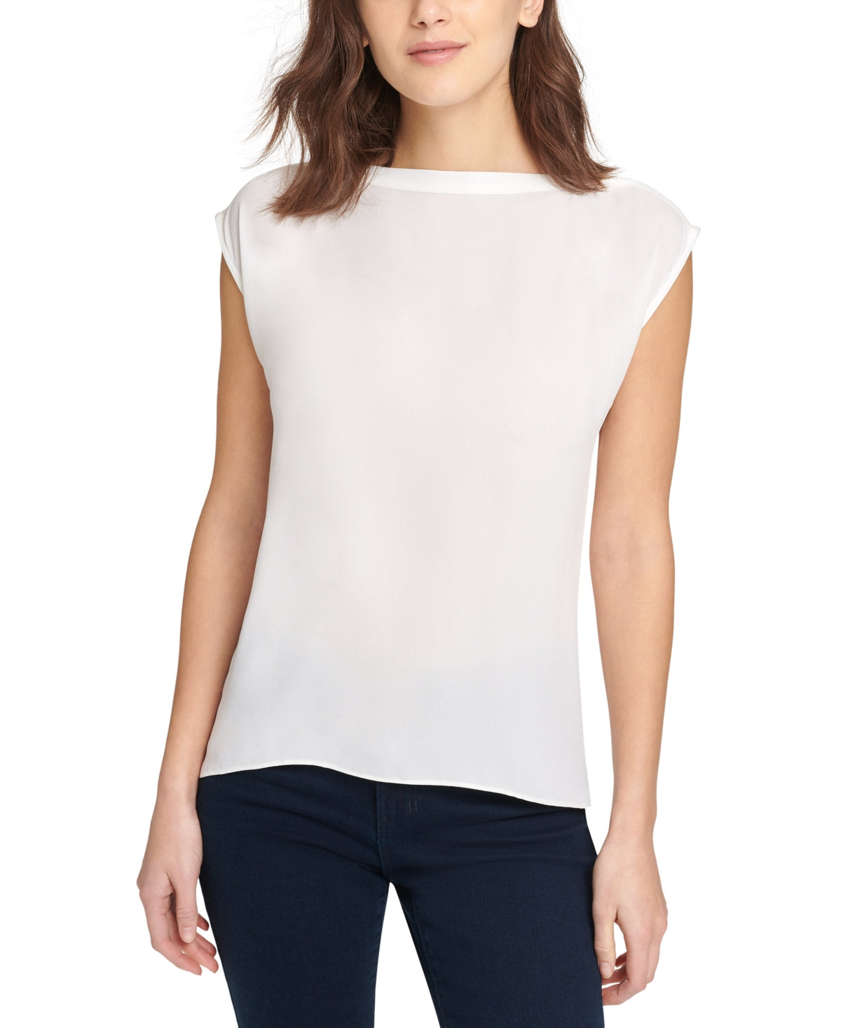 Blusa feminina DKNY com decote canoa e manga curta, preta, tamanho médio