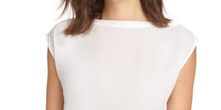 Blusa feminina DKNY com decote canoa e manga curta, preta, tamanho médio