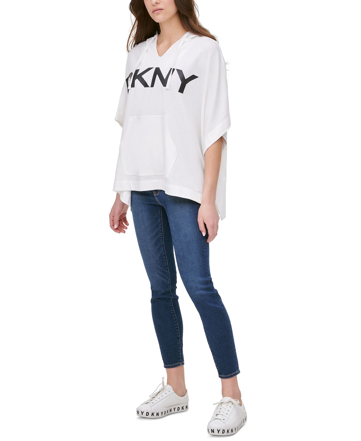 Moletom com capuz DKNY Logo Poncho feminino, branco, tamanho médio