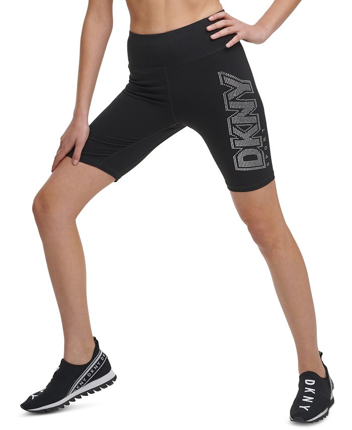 Shorts de ciclismo feminino DKNY com logo de strass e cintura alta, preto, tamanho M