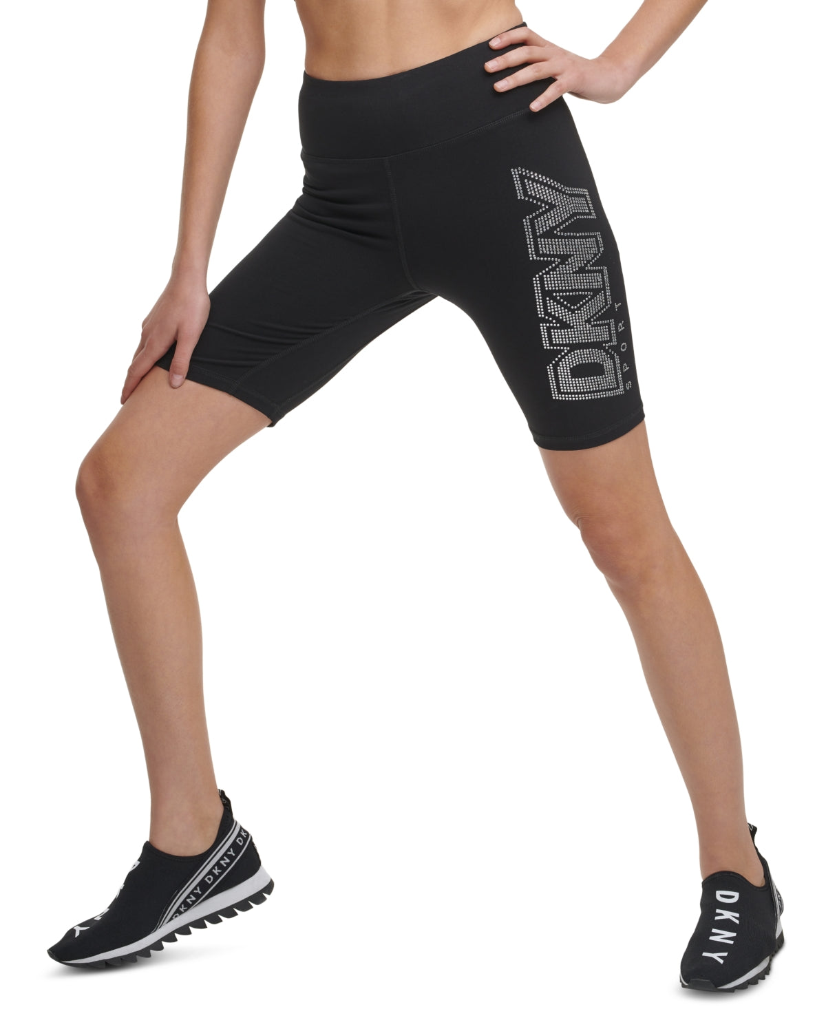 Shorts de ciclismo feminino DKNY com logo de strass e cintura alta, preto, tamanho M
