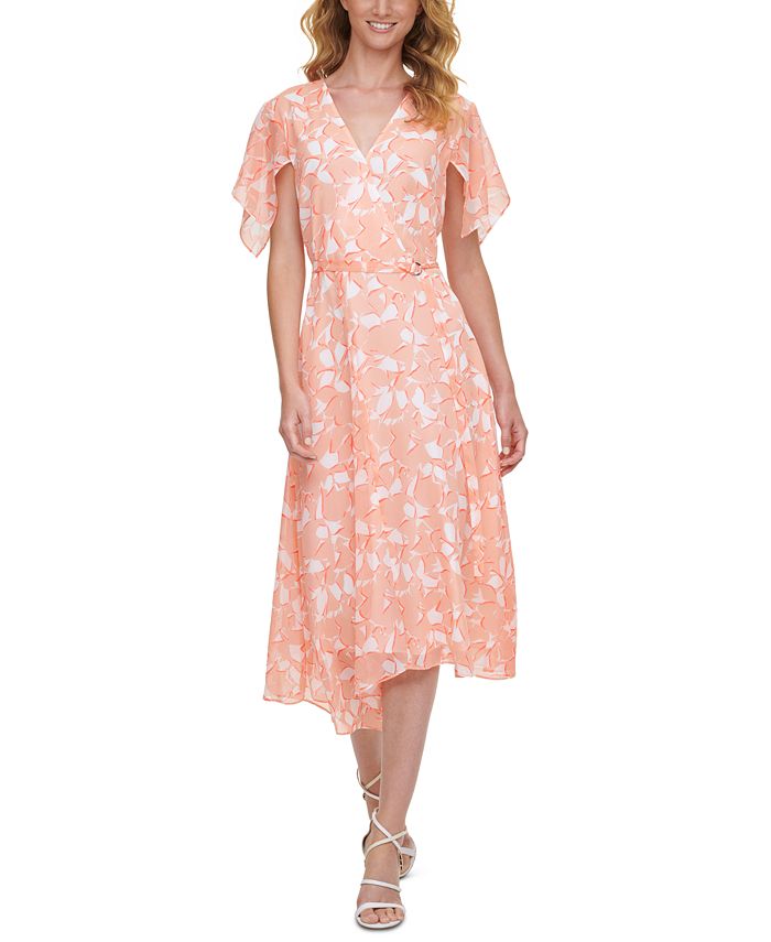 Vestido envelope feminino DKNY com estampa floral rosa tamanho 14