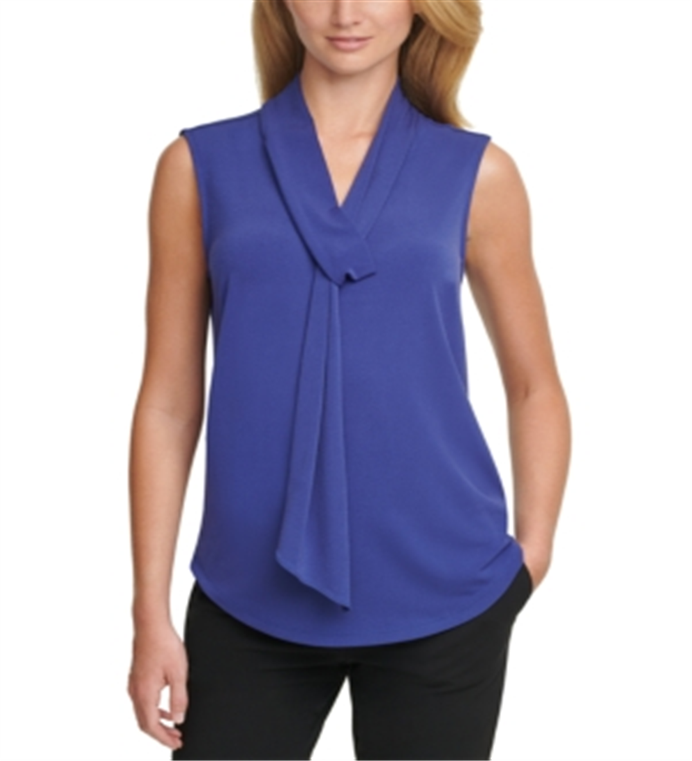 Blusa feminina DKNY sem mangas com decote em V e decote em V nas costas, tamanho grande, azul