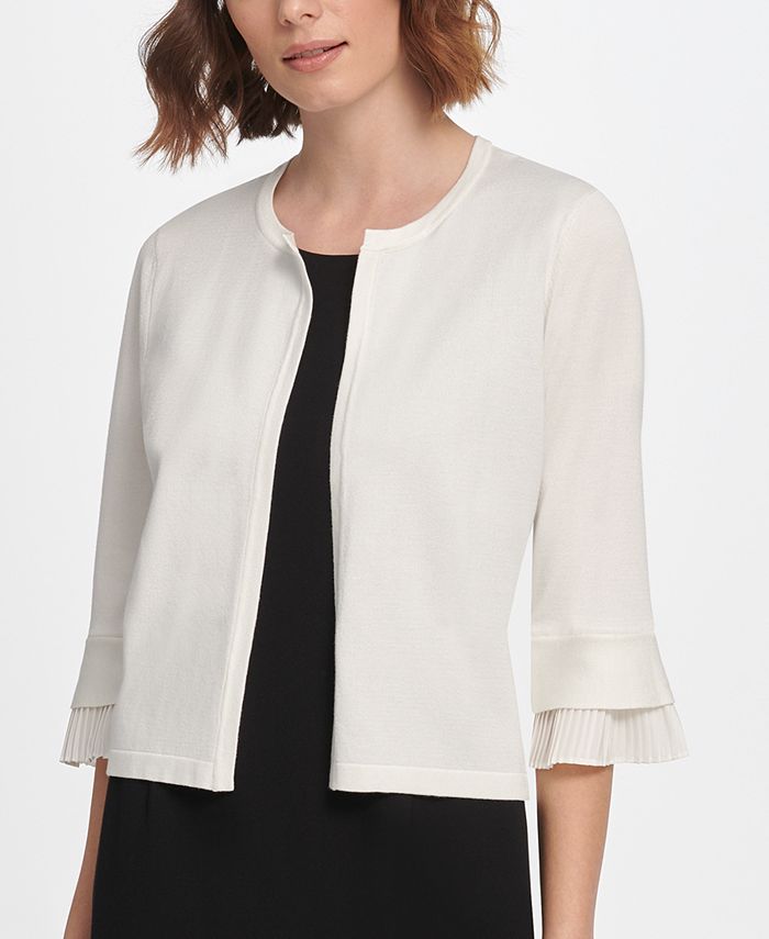Cardigan feminino aberto com manga 3/4 e babados, tamanho grande, branco, DKNY