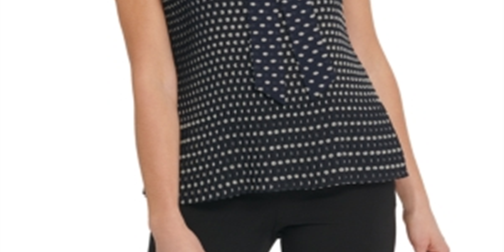Blusa plissada com estampa de bolinhas e decote redondo DKNY feminina, azul