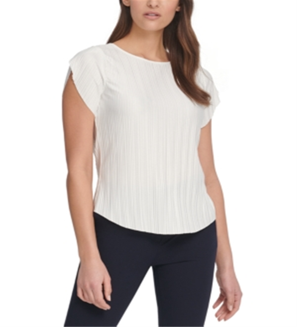 Blusa plissada feminina DKNY com mangas esvoaçantes, branca, tamanho grande