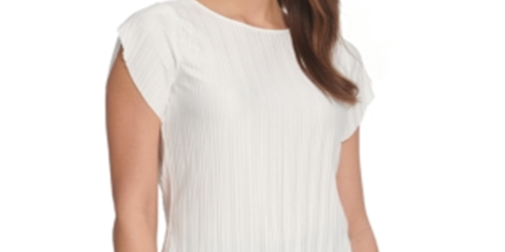 Blusa plissada feminina DKNY com mangas esvoaçantes, branca, tamanho grande