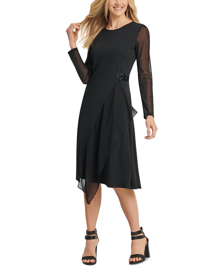 Vestido feminino DKNY com manga transparente e bainha assimétrica, preto, tamanho extragrande