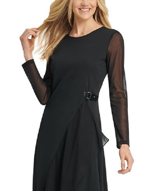 Vestido feminino DKNY com manga transparente e bainha assimétrica, preto, tamanho extragrande