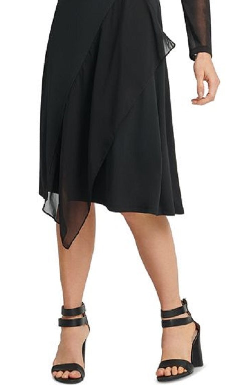 Vestido feminino DKNY com manga transparente e bainha assimétrica, preto, tamanho extragrande