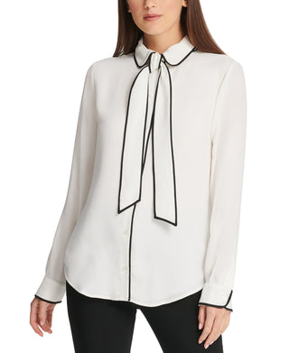 DKNY Women's Piped Trim Button Up Blouse White Size X-Large