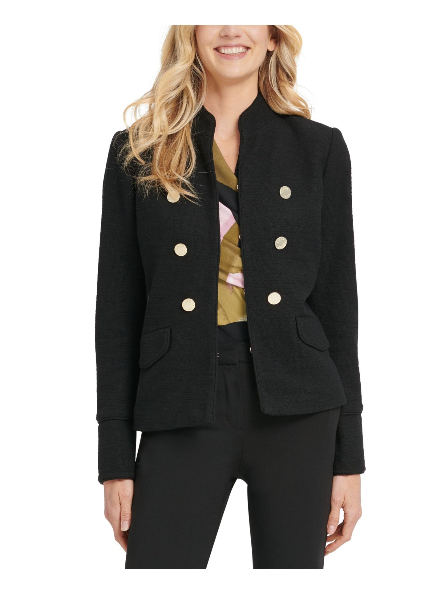 Jaqueta militar feminina DKNY com gola alta e abotoamento duplo, preta, tamanho 2, pequena