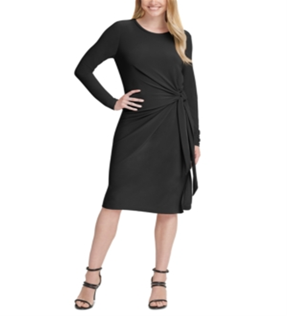 Vestido feminino DKNY com nó lateral e comprimento até o joelho, preto, tamanho pequeno