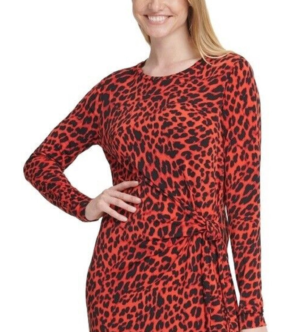 Vestido feminino DKNY com estampa animal e nó frontal, vermelho, tamanho médio