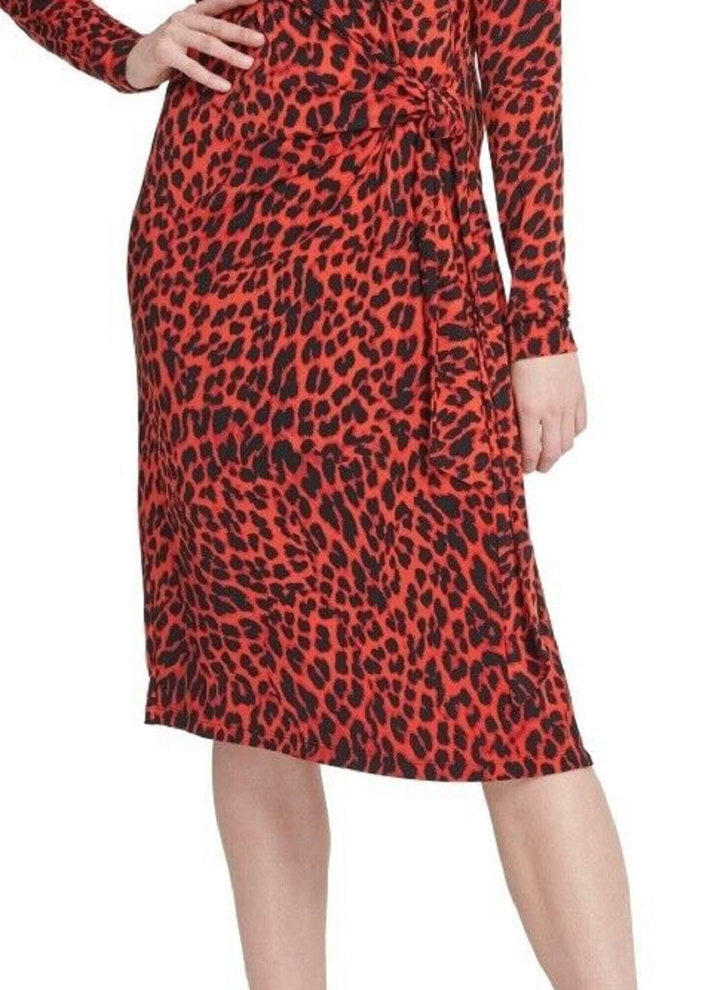 Vestido feminino DKNY com estampa animal e nó frontal, vermelho, tamanho médio