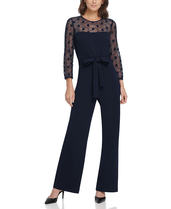 Macacão feminino DKNY de manga 3/4 e perna larga, azul, tamanho 14