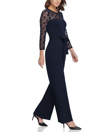 Macacão feminino DKNY de manga 3/4 e perna larga, azul, tamanho 14