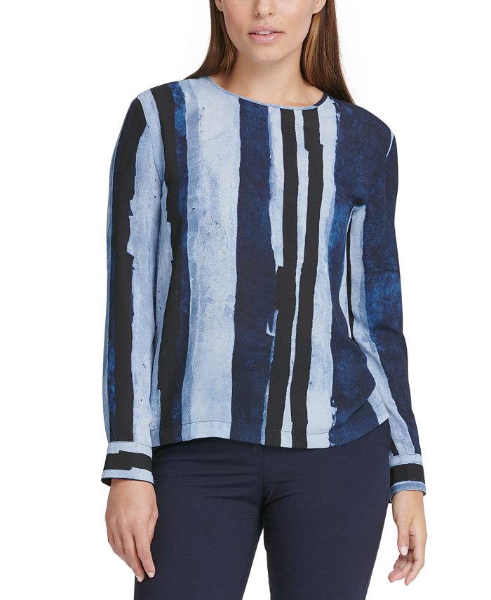 Blusa estampada de manga comprida feminina DKNY, azul, tamanho X-S