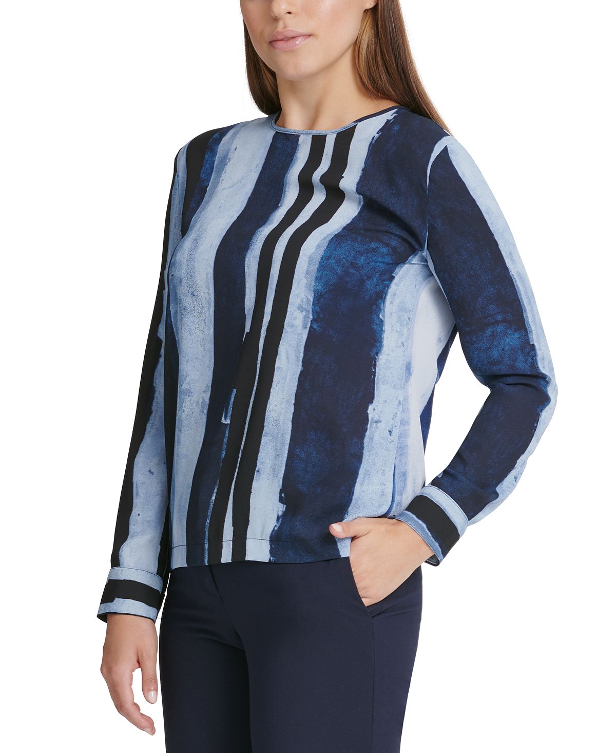 Blusa estampada de manga comprida feminina DKNY, azul, tamanho X-S
