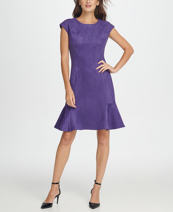 Vestido feminino DKNY com manga curta e comprimento até o joelho, estilo flare, roxo, tamanho 10