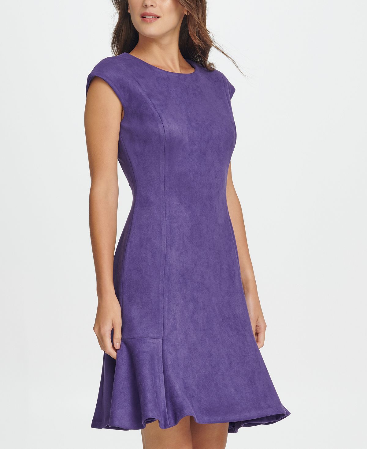 Vestido feminino DKNY com manga curta e comprimento até o joelho, estilo flare, roxo, tamanho 10