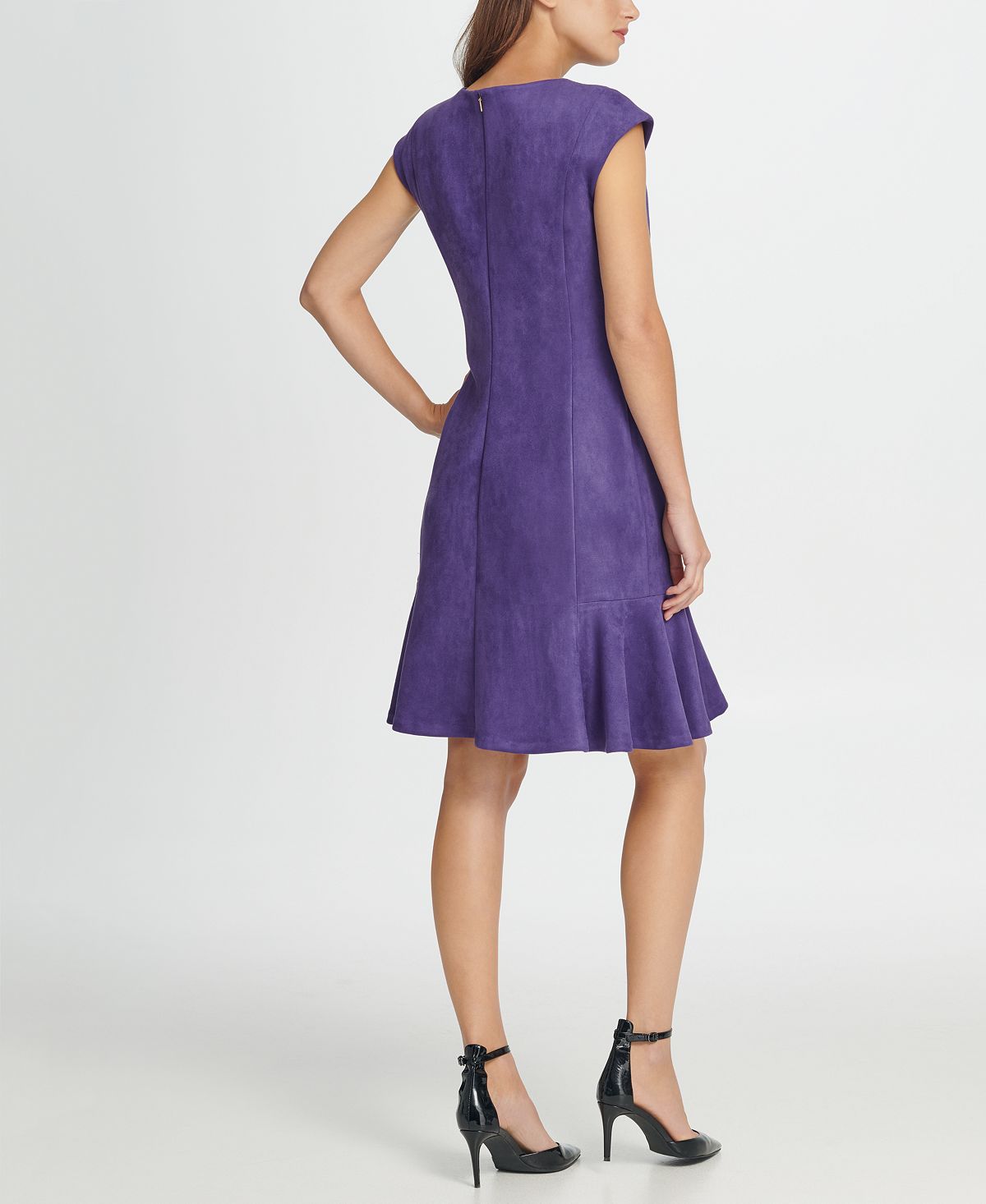 Vestido feminino DKNY com manga curta e comprimento até o joelho, estilo flare, roxo, tamanho 10