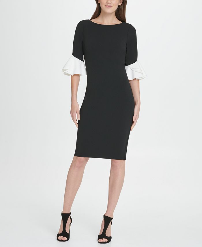 Vestido formal feminino DKNY com manga sino e decote joia abaixo do joelho, preto, tamanho 8