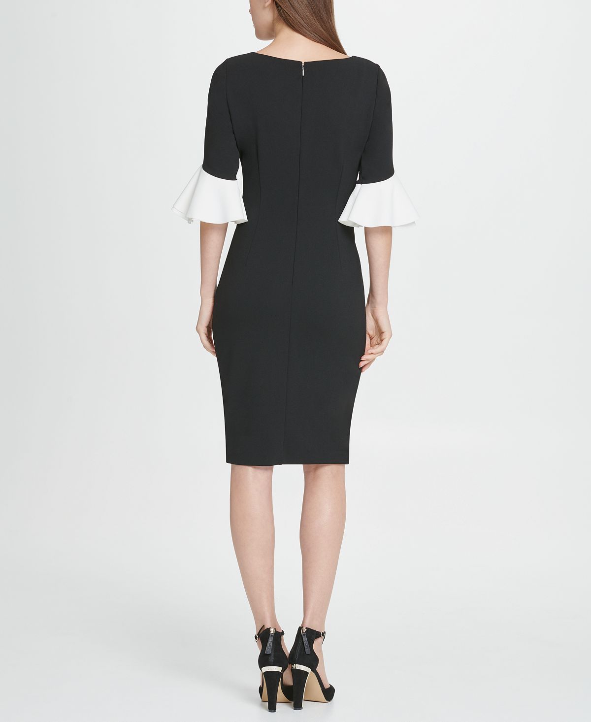 Vestido formal feminino DKNY com manga sino e decote joia abaixo do joelho, preto, tamanho 8