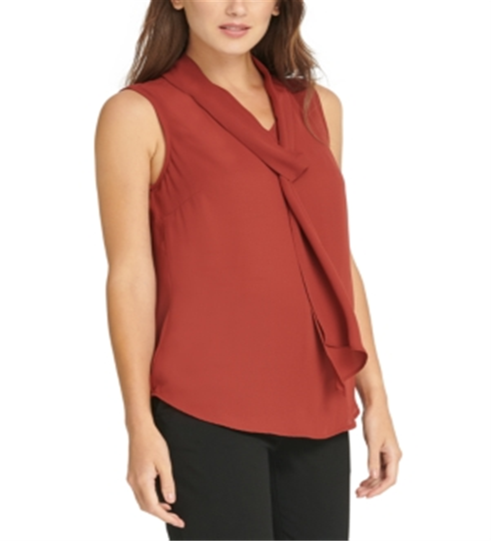 Blusa feminina DKNY sem mangas com decote em V, marrom, tamanho pequeno, extrapequeno