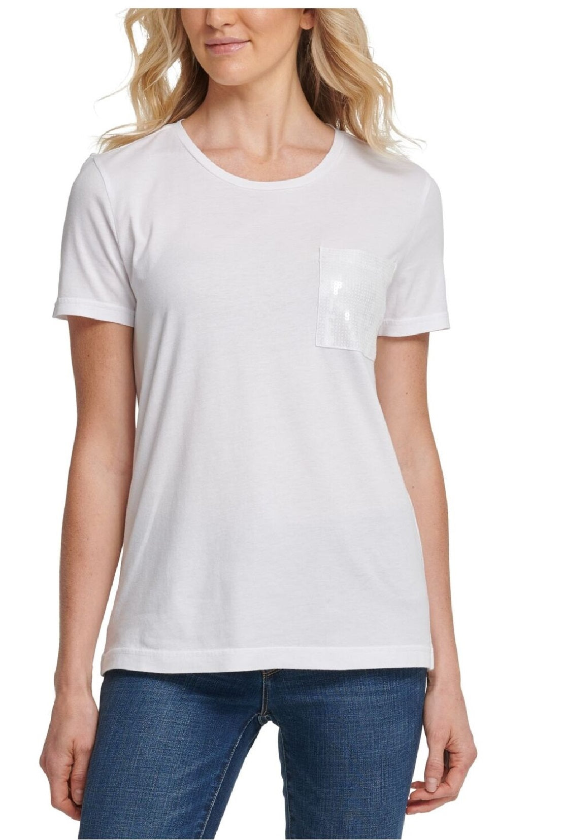 Camiseta feminina DKNY com lantejoulas, manga curta, gola redonda, branca, tamanho extragrande