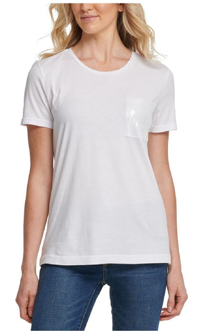 DKNY Women's Sequined Short Sleeve Crew Neck T-Shirt Top White Size X-Large