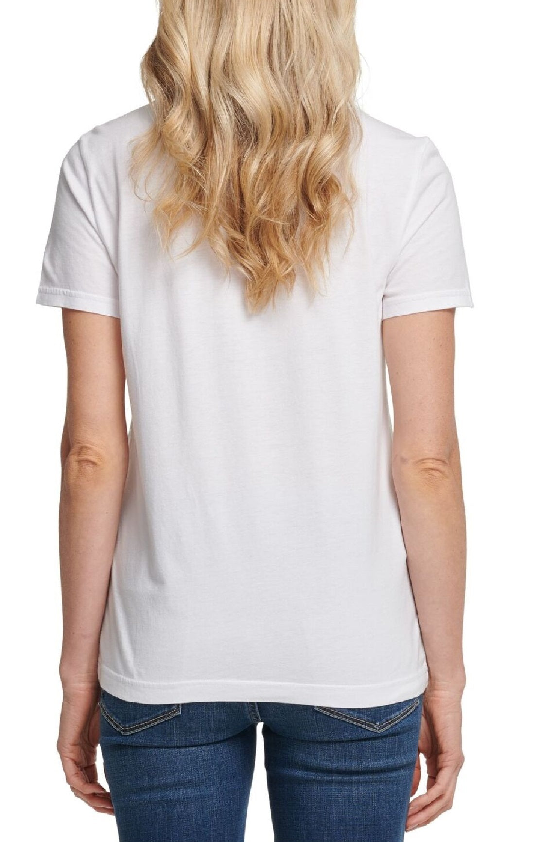 Camiseta feminina DKNY com lantejoulas, manga curta, gola redonda, branca, tamanho extragrande