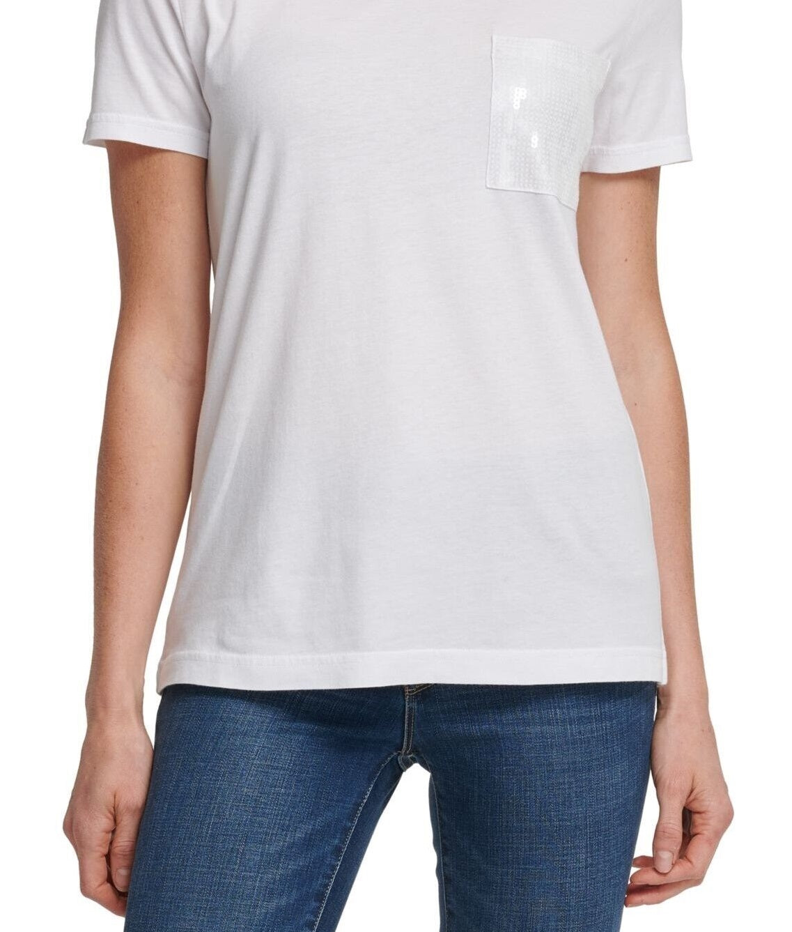 Camiseta feminina DKNY com lantejoulas, manga curta, gola redonda, branca, tamanho extragrande