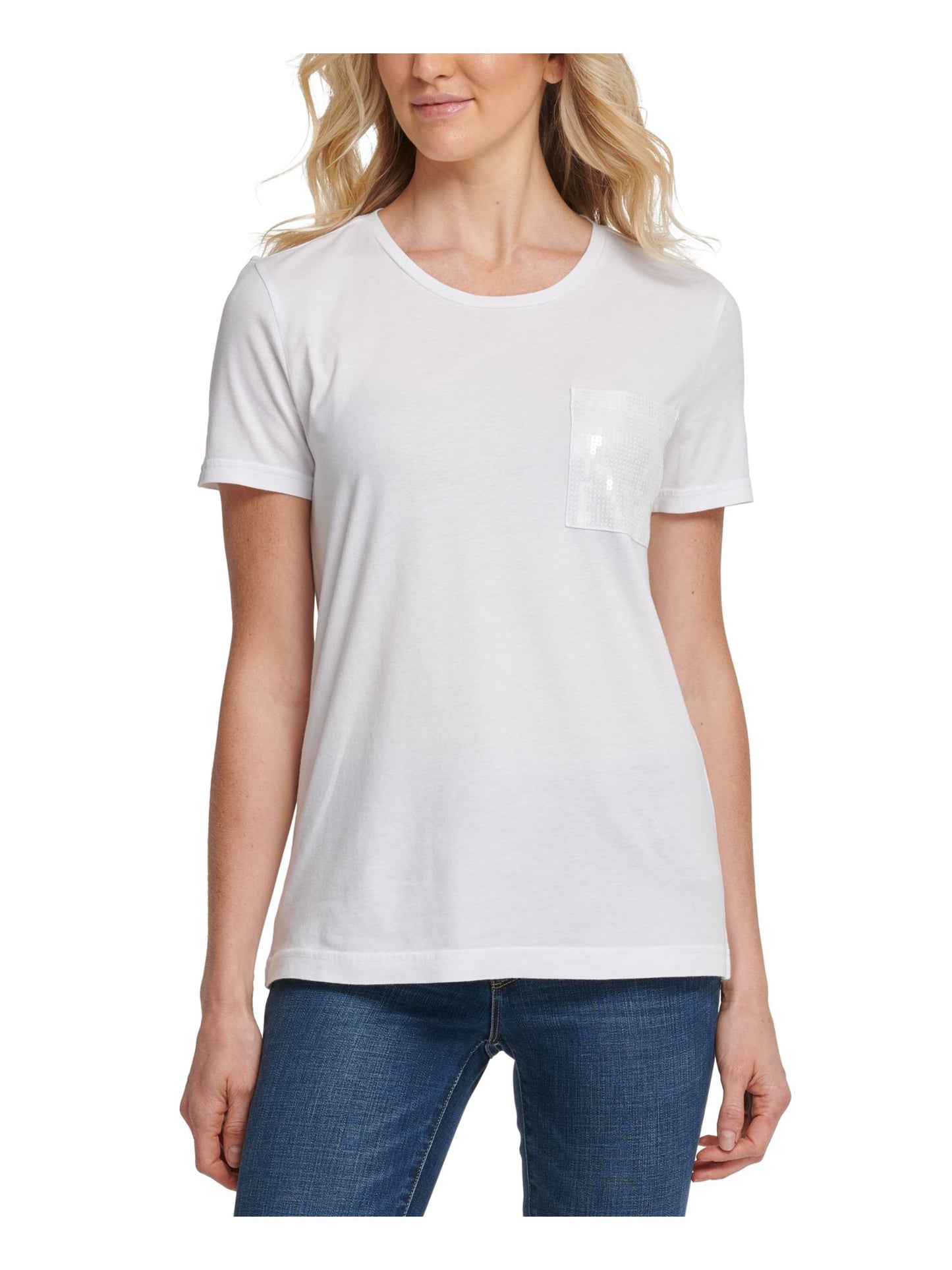 Camiseta feminina DKNY com lantejoulas, manga curta, gola redonda, branca, tamanho grande