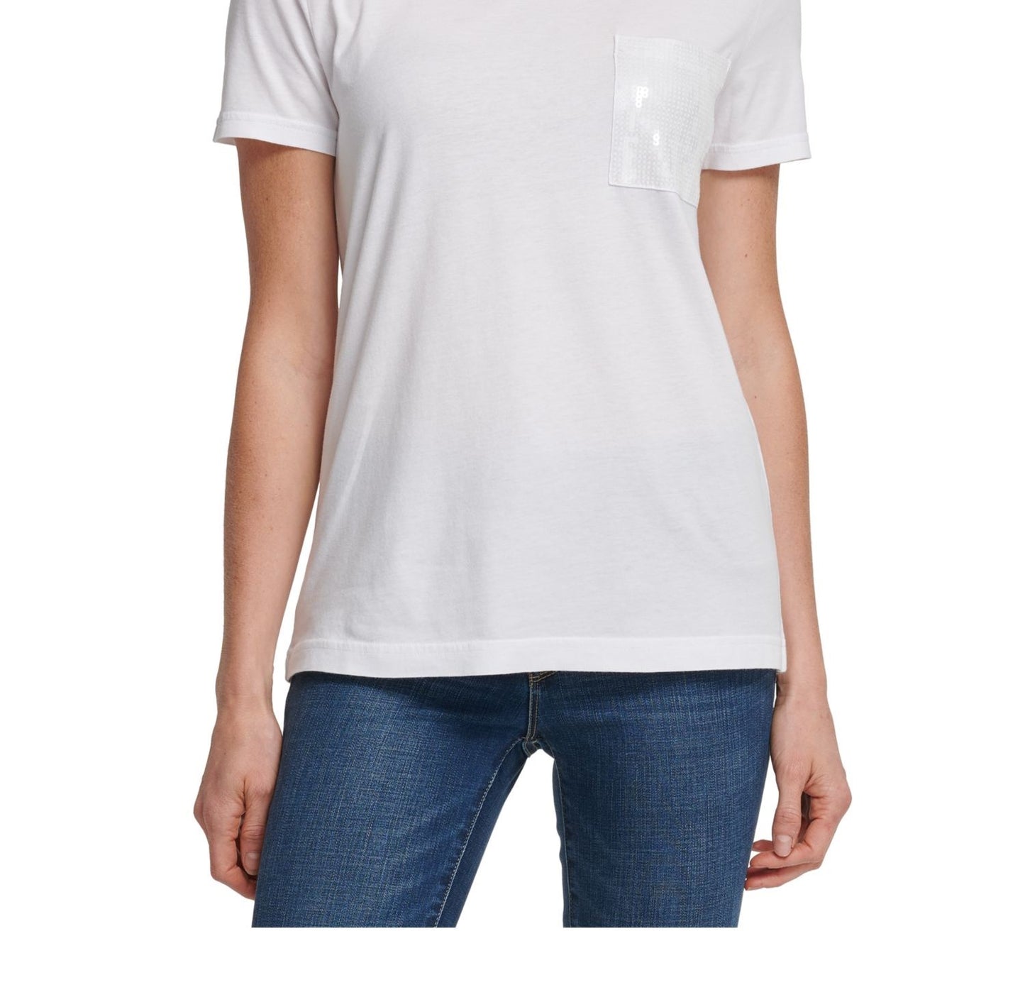 Camiseta feminina DKNY com lantejoulas, manga curta, gola redonda, branca, tamanho grande